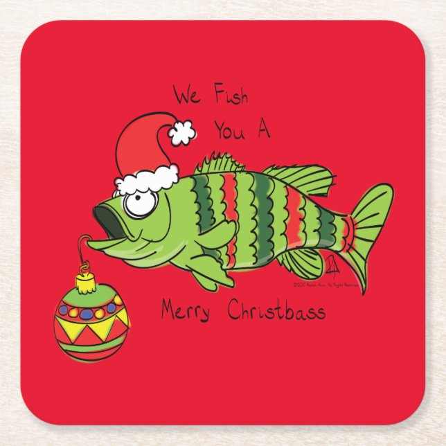 Funny Fishing Christmas Bass Fish Cute Cartoon Square Paper Coaster (Front)