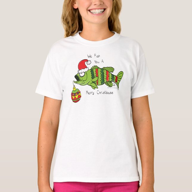 Funny Fishing Christmas Bass Fish Cute Cartoon T-Shirt (Front)