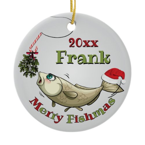 Funny Fishing Christmas - Merry Fishmas Mistletoe Ceramic Ornament