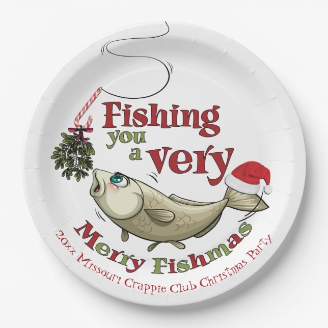 Funny Fishing Christmas - Merry Fishmas Mistletoe Paper Plates (Front)