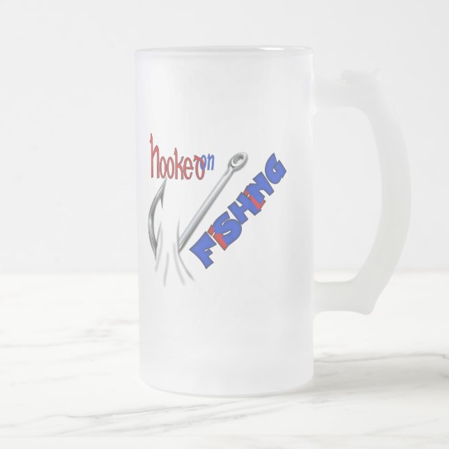 Funny Fishing Hooked On Fishing Frosted Glass Beer Mug (Right)