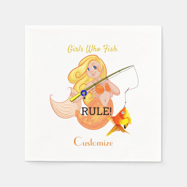 Funny Fishing Mermaid Girl Thunder_Cove   Napkins (Front)