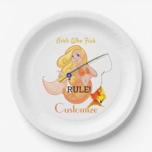 Funny Fishing Mermaid Girl Thunder_Cove Paper Plates