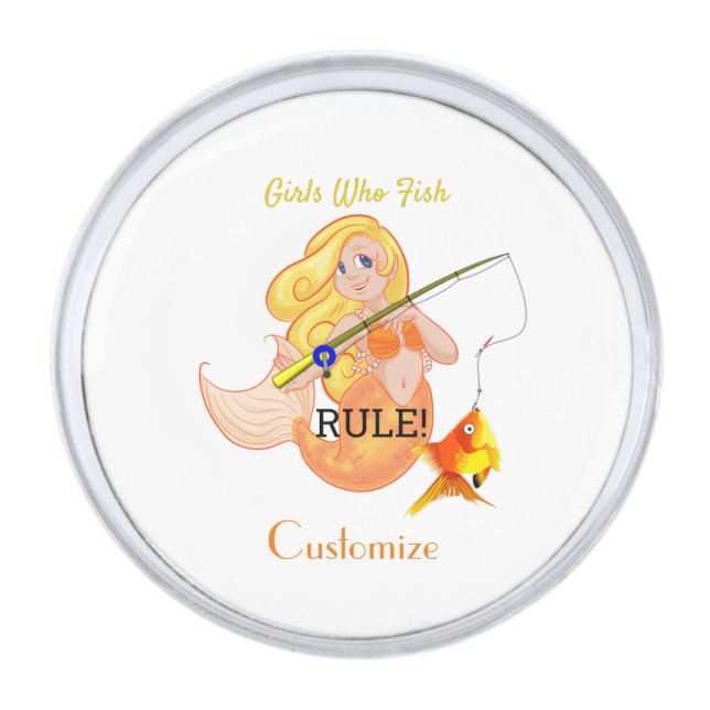 Funny Fishing Mermaid Girl Thunder_Cove  Silver Finish Lapel Pin (Front)