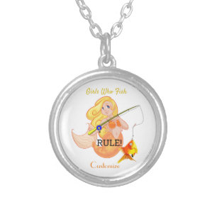 Funny Fishing Mermaid Girl Thunder_Cove Silver Plated Necklace