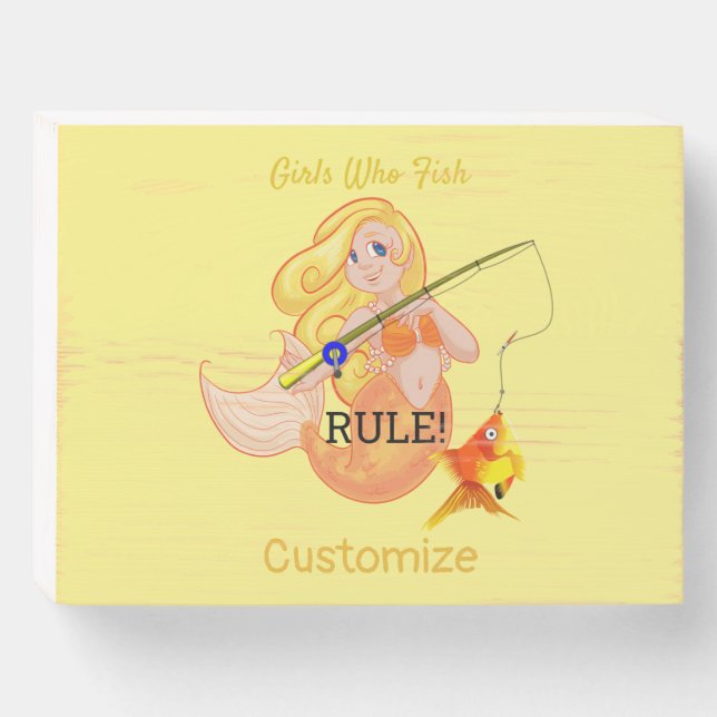 Funny Fishing Mermaid Girl Thunder_Cove Wooden Box Sign (Front Horizontal)