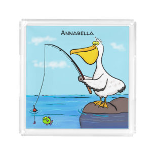 Funny fishing pelican cartoon acrylic tray