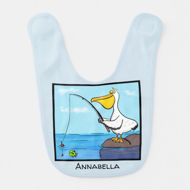 Funny fishing pelican cartoon baby bib (Front)