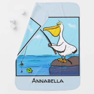 Funny fishing pelican cartoon baby blanket