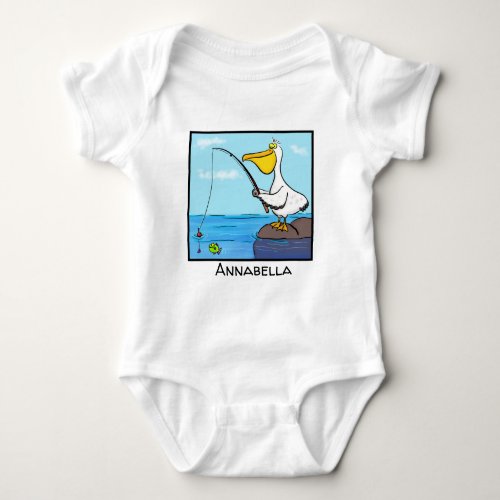 Funny fishing pelican cartoon baby bodysuit