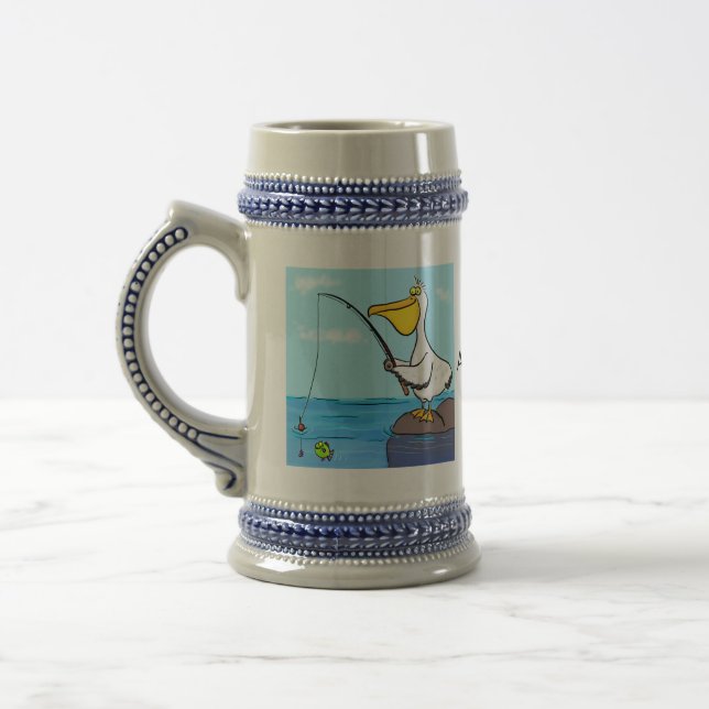 Funny fishing pelican cartoon beer stein (Left)