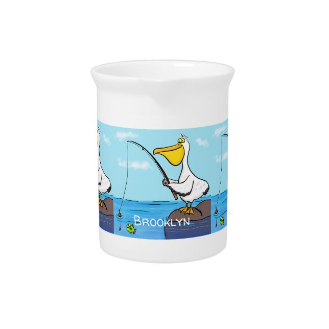 Funny fishing pelican cartoon beverage pitcher (Front)