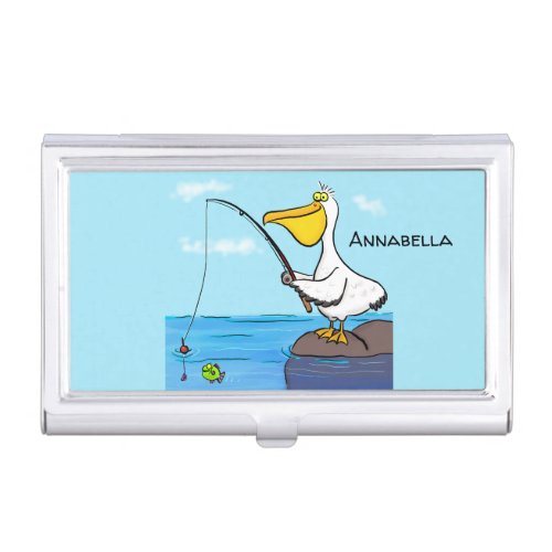 Funny fishing pelican cartoon business card case