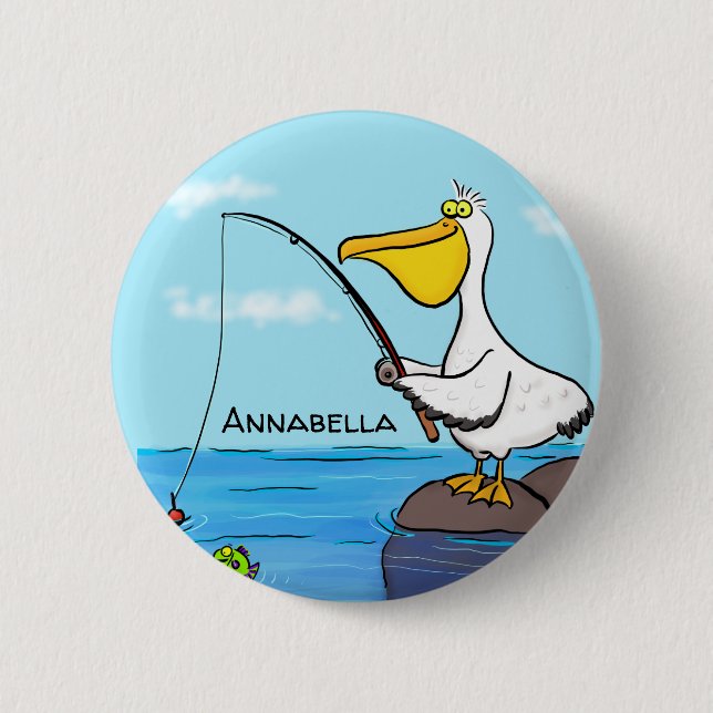 Funny fishing pelican cartoon button (Front)