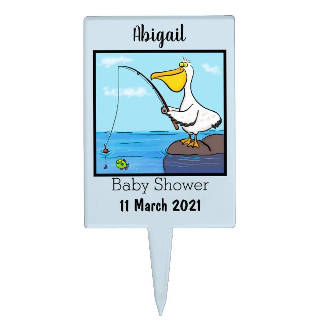 Funny fishing pelican cartoon cake topper (Front)