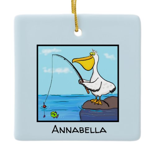 Funny fishing pelican cartoon ceramic ornament