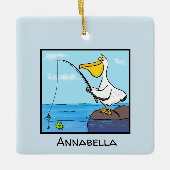 Funny fishing pelican cartoon ceramic ornament (Front)