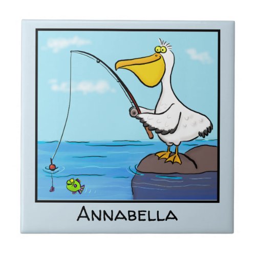 Funny fishing pelican cartoon ceramic tile