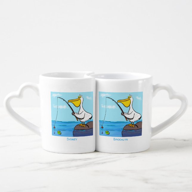 Funny fishing pelican cartoon coffee mug set (Back Nesting)