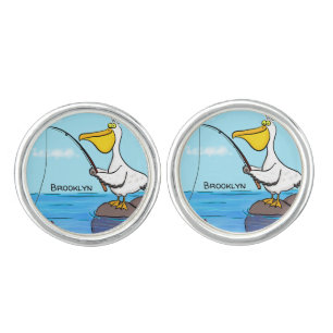 Funny fishing pelican cartoon cufflinks