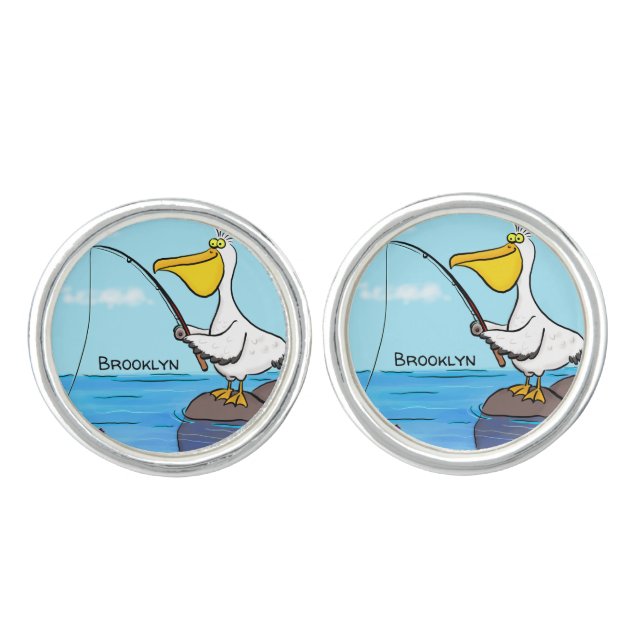Funny fishing pelican cartoon cufflinks (Front)