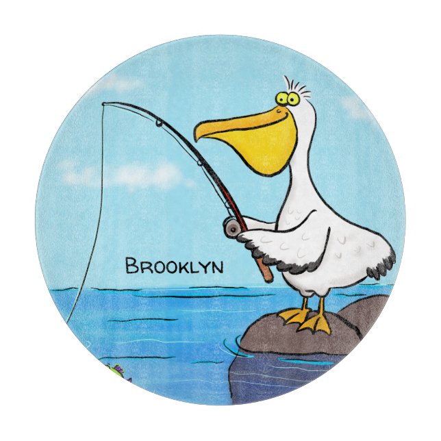 Funny fishing pelican cartoon cutting board (Front)