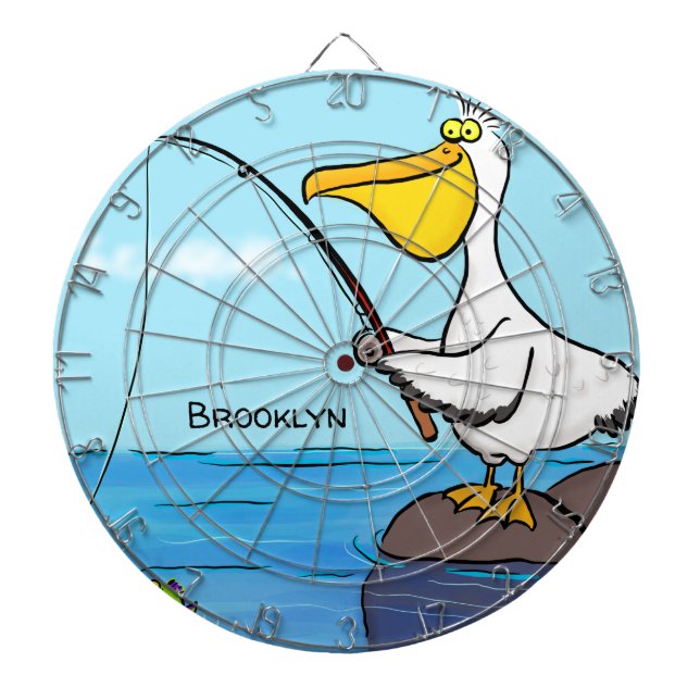 Funny fishing pelican cartoon dart board (Front)