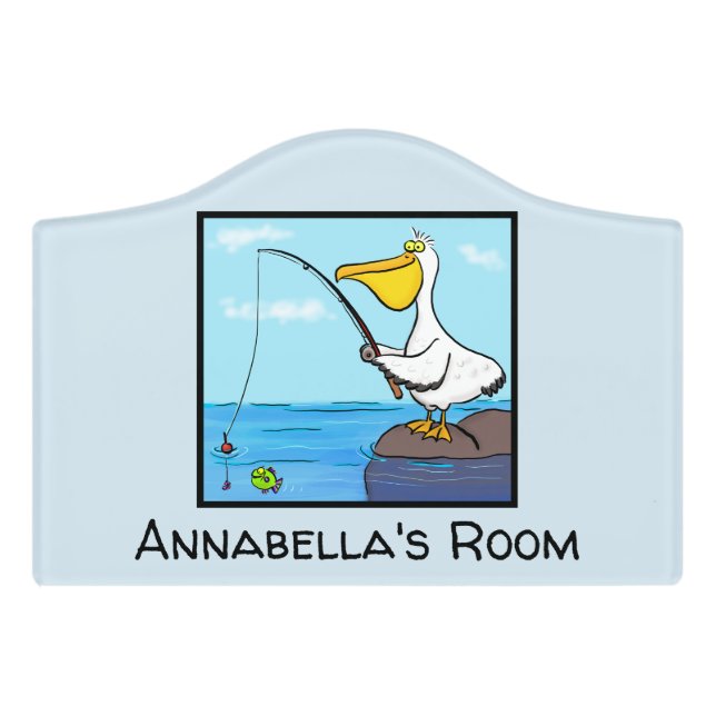Funny fishing pelican cartoon door sign (Small Crest Front)