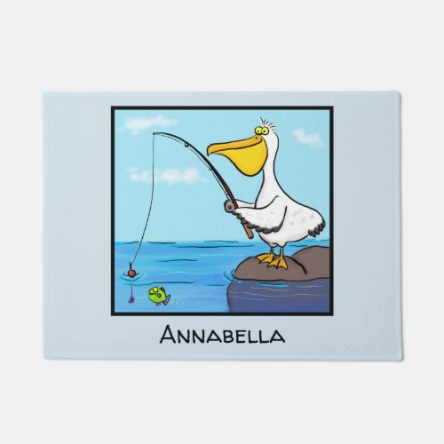 Funny fishing pelican cartoon doormat