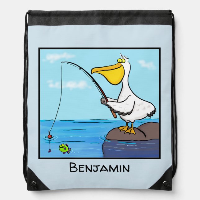 Funny fishing pelican cartoon drawstring bag (Front)