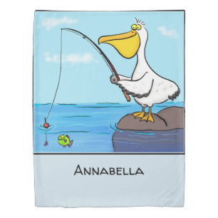 Funny fishing pelican cartoon duvet cover