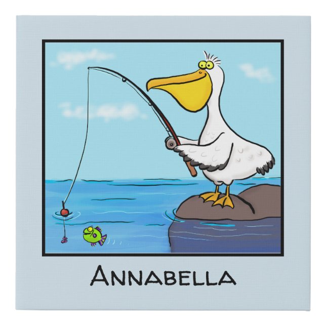Funny fishing pelican cartoon faux canvas print (Front)