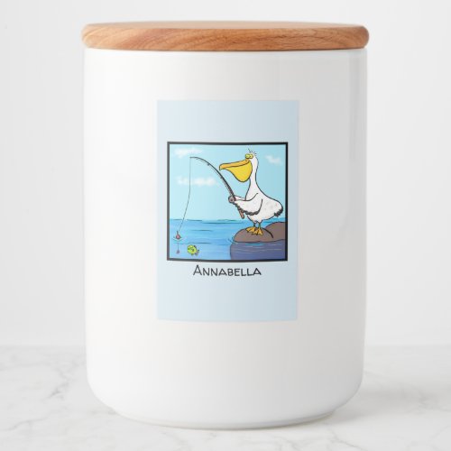 Funny fishing pelican cartoon food label