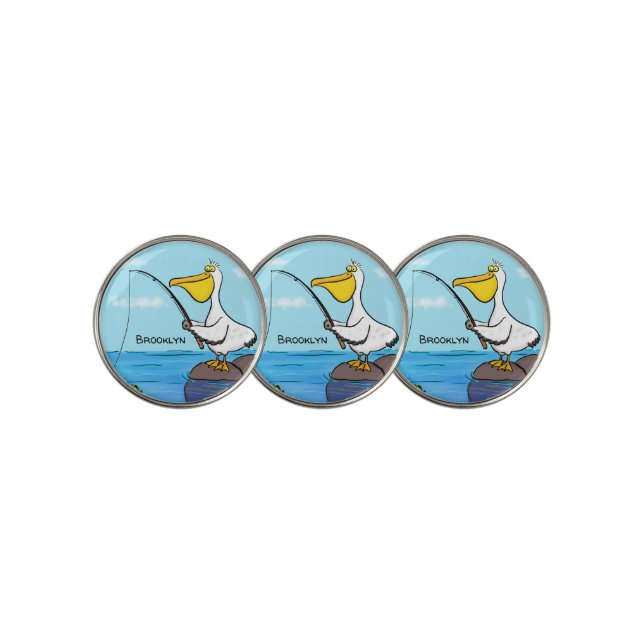 Funny fishing pelican cartoon  golf ball marker (3 Up)