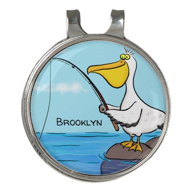 Funny fishing pelican cartoon golf hat clip (Front)