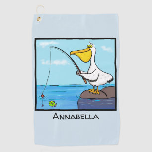 Funny fishing pelican cartoon golf towel