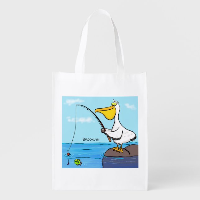 Funny fishing pelican cartoon grocery bag (Front)