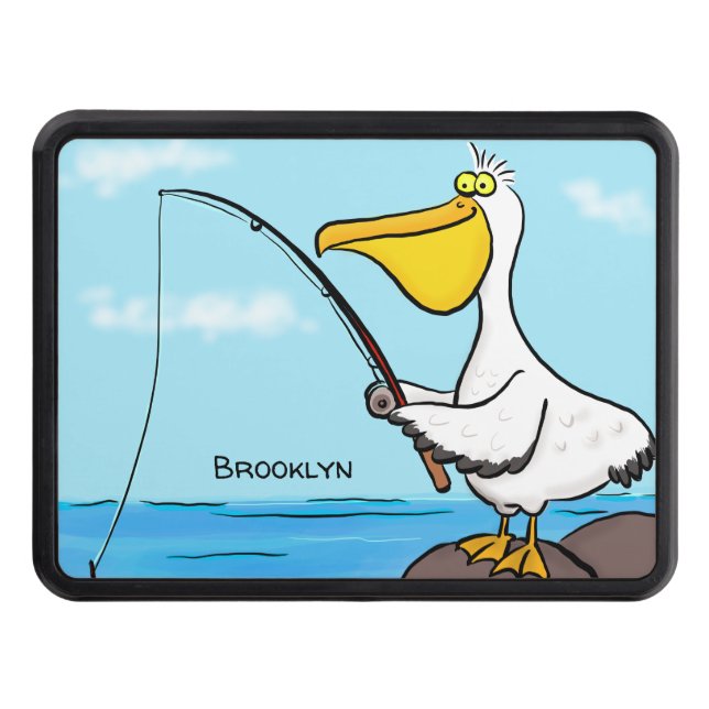 Funny fishing pelican cartoon hitch cover (Front)