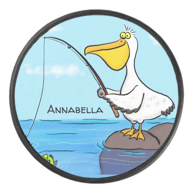 Funny fishing pelican cartoon hockey puck (Front)