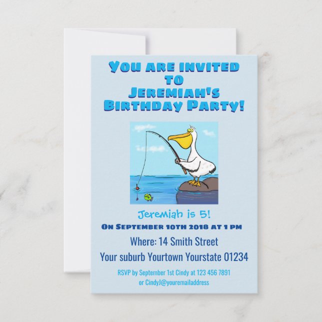 Funny fishing pelican cartoon invitation (Front)