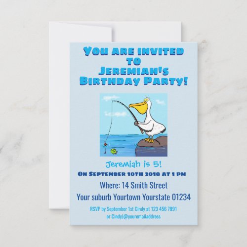 Funny fishing pelican cartoon invitation