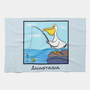 Funny fishing pelican cartoon kitchen towel