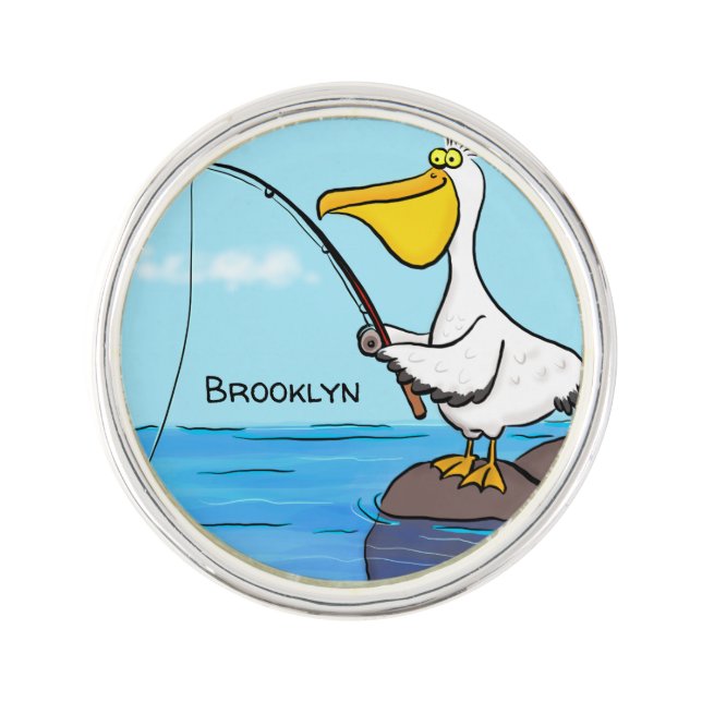 Funny fishing pelican cartoon lapel pin (Front)