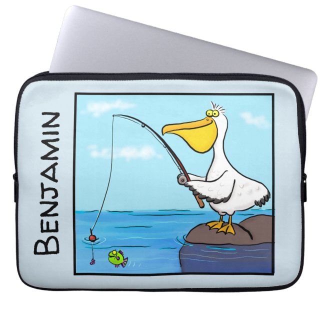 Funny fishing pelican cartoon laptop sleeve (Front)