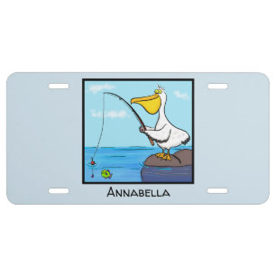 Funny fishing pelican cartoon license plate
