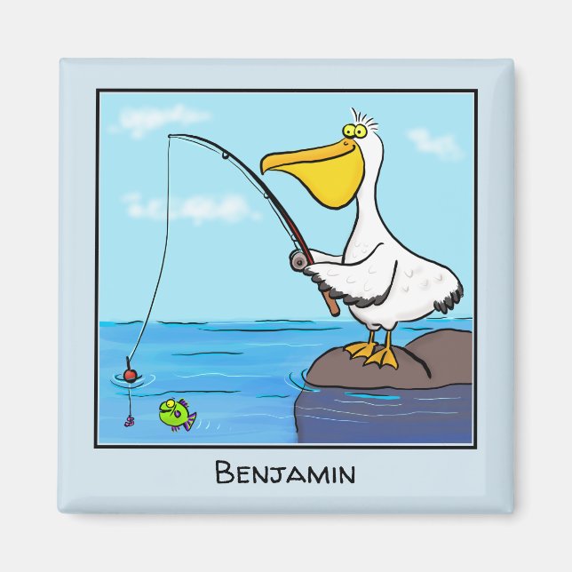 Funny fishing pelican cartoon magnet (Front)