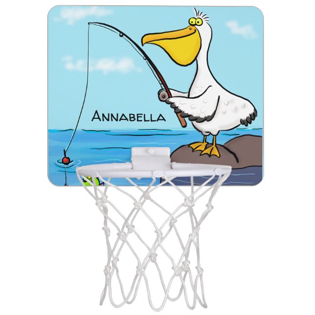Funny fishing pelican cartoon mini basketball hoop (Front)