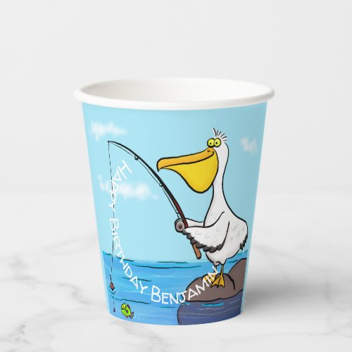 Funny fishing pelican cartoon paper cups