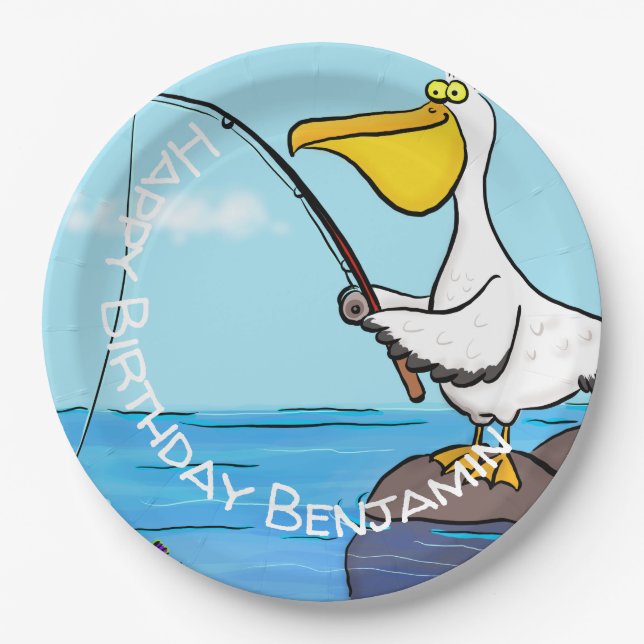 Funny fishing pelican cartoon paper plates (Front)