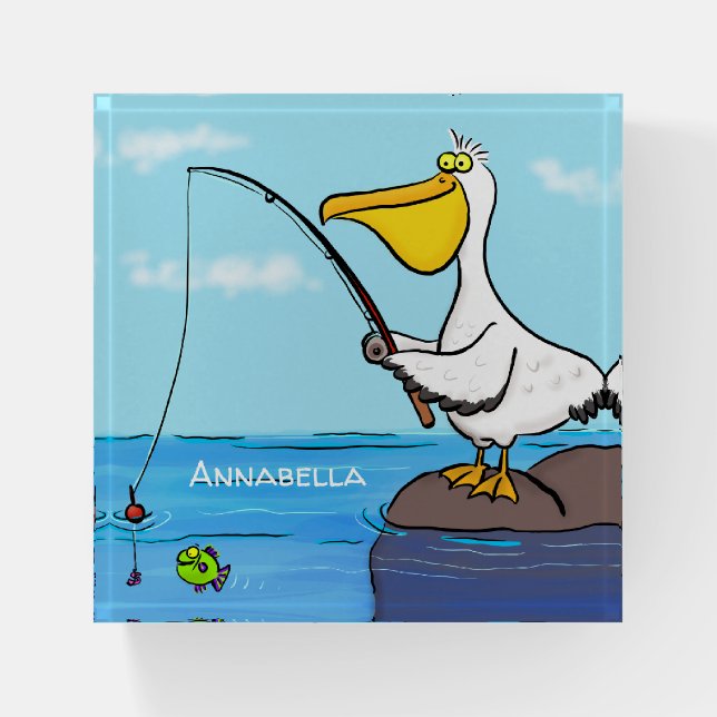 Funny fishing pelican cartoon paperweight (Front)